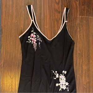 Oscar de la Renta Black Slip Dress with Pink Floral Embroidery